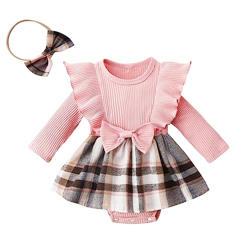 Madjtlqy Toddler Baby Girl Fall Winter Outfit Set Plaid Romper Dress Ruffles Long Sleeve Clothes Jumpsuit with Bow Headband