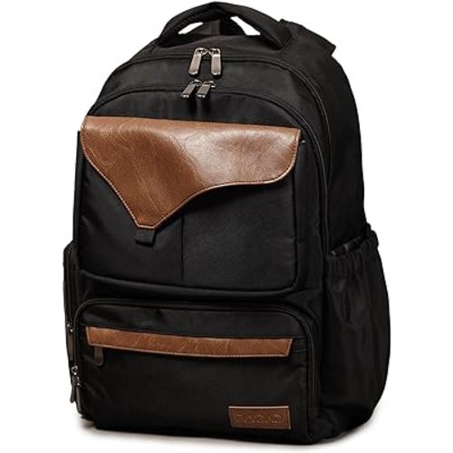 FlyDad - FirstBorn Men's Diaper Backpack, Stylish Diaper Backpack, Dad Diaper Bag, Mens Diaper Bag w/ 21 Compartments, Changing Mat, & Insulated Milk Pockets for Bottles (4oz), Brown Leather Accents