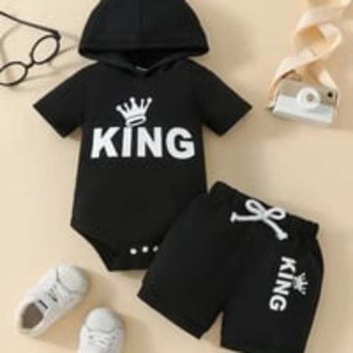 2pcs Royal King Print Baby Boys Outfit - Hooded Bodysuit & Shorts Set,