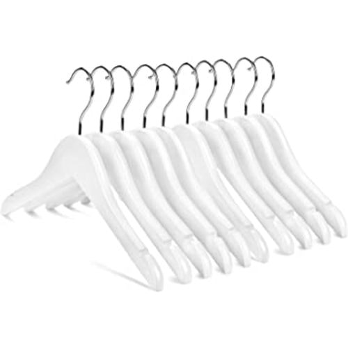 Nature Smile Kids Baby Children Toddler Wooden Shirt Coat Hangers with Notches and Anti-Rust Chrome Hook Pack of 10 (White)
