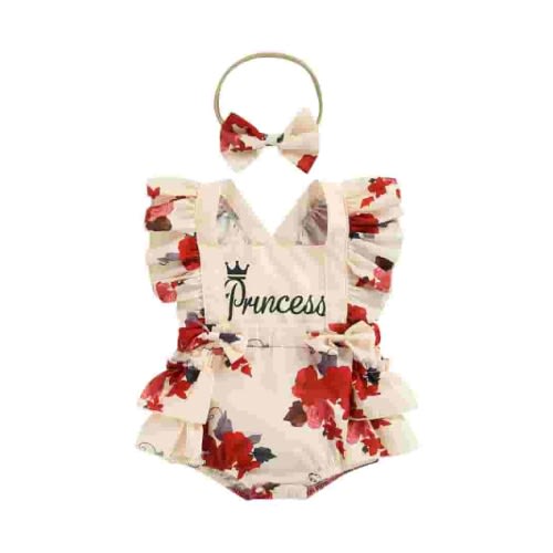 Blotona 2PCS Newborn Baby Girl Summer Outfit Rose Floral Romper Dress Ruffle Jumpsuit Tutu Bodysuit Princess + Bow Headband (Rose Flower,0-18 Months)