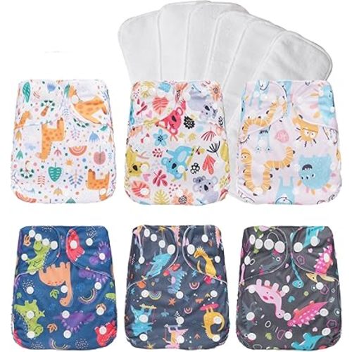 Washable Reusable Cloth Diapers for Babies, Adjustable Baby Cloth Diapers Newborn,6 Pack Pocket Diapers with 6Pcs Microfiber Inserts (Dinosaur Giraffe)