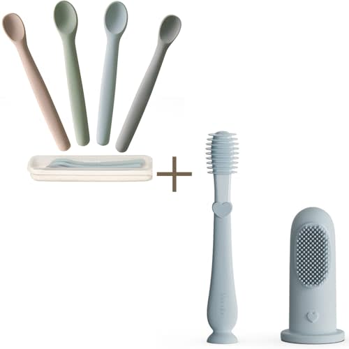 Moonkie Silicone Baby Spoons & Finger Toothbrush Tongue Oral Cleaner Kit | Baby Utensil & Oral Care Bundle