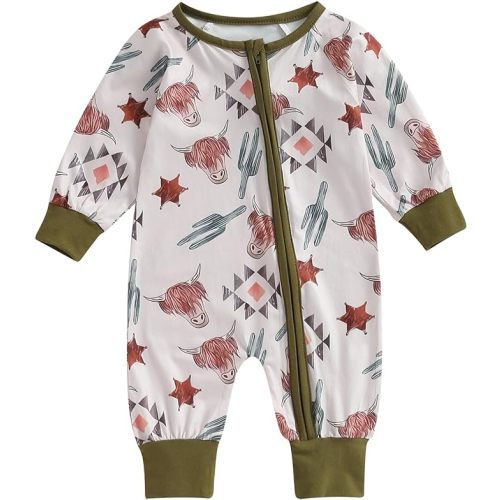 Lamuusaa Western Baby Girl Boy Clothes Long Sleeve Cow Print Romper Zipper Bodysuit Jumpsuit One Piece Fall Winter Outfit - Light Pink