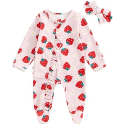 Newborn Baby Girls Ruffled Floral Footies Footed Romper Long Sleeve Daisy Zipper Footed Jumpsuit Overall with Headband