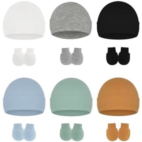 Stretchy Baby Hats and Mittens, Ribbed Neutral Newborn No Scratch Gloves Beanie Hospital Hat Set for Girls Boys