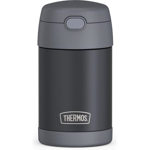 THERMOS FUNTAINER Insulated Food Jar, 16 Ounce, Kid Friendly Thermos Food Jar with Foldable Spoon, Matte Charcoal