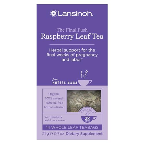 Lansinoh + HotTea Mama Final Push Tea, Red Raspberry Leaf Tea for Labor and Delivery Prep, Raspberry Leaf Tea with Peppermint, Caffeine-free, Sugar-Free, Pregnancy Must Haves, Includes 14 Tea Sachets