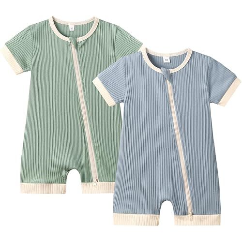 Bafeicao Unisex Baby Boy Girl 2 Pack Rompers Short Sleeve 2 Way Zipper One Piece Jumpsuits Clothes Sets