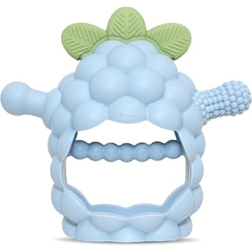 RaZbaby RaZberry Grip Silicone Teether Toy for 3M+ | Drop Resistant Hand Held Teether for Babies and Infants - Designed by Nature with Our Patented BerryBumps Multitextured Design | 3M+, Blue
