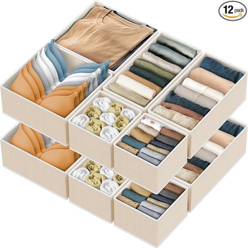 Simple Houseware Foldable Drawer Organizer Set of 12, Beige – Fabric Storage Bins for Clothes, Underwear, Bra, Panty, Socks, Onesies – Closet & Dresser Drawer Dividers for Home Organization