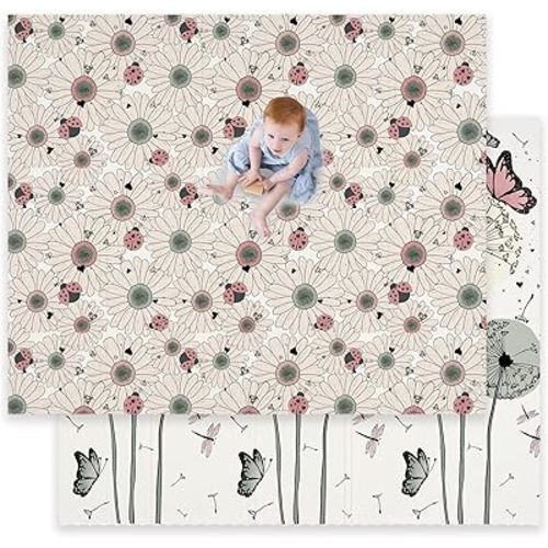 JumpOff Jo Baby Play Mat - Large Folding Foam Play Mat for Infants, Babies, Toddlers, Waterproof, Double-Sided (70" x 59") - Daisy Bug