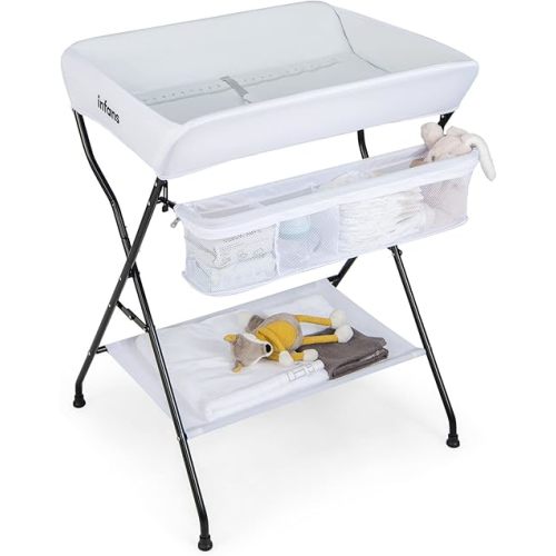 INFANS Baby Changing Table, Folding Diaper Station Portable Nursery Organizer with Safety Belt and Large Storage Racks for Newborn Baby and Infant (White)
