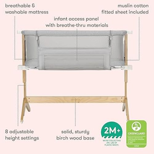 Newton Baby Bassinet & Bedside Sleeper with Mattress & Sheet - Ultra-Breathable & Completely Washable, Removable Dual-Layer Cover | Solid Birch Frame Adjustable Height & Infant Access Opening