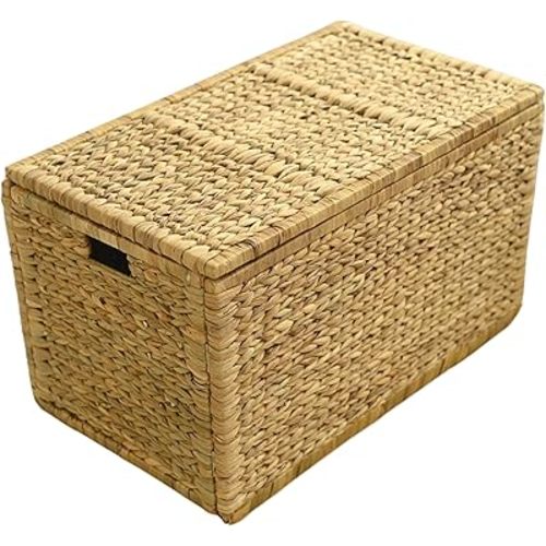 30" Wicker Storage Trunk,Handwoven Trunk Organizer, Metal Hinges at Lid and Frame,Wicker Toy Chest with Removable Liner,Large Blanket Storage (Natura)