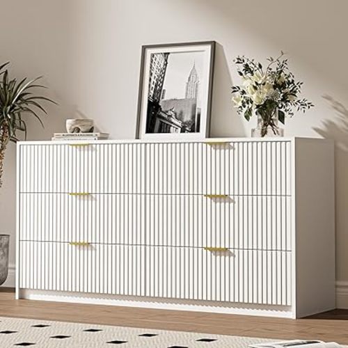 White 6 Drawer Dresser for Bedroom, 55" Wide Modern Chest of Drawers with Gold Metal Handles, Fluted Wood TV Stand for Living Room, Hallway