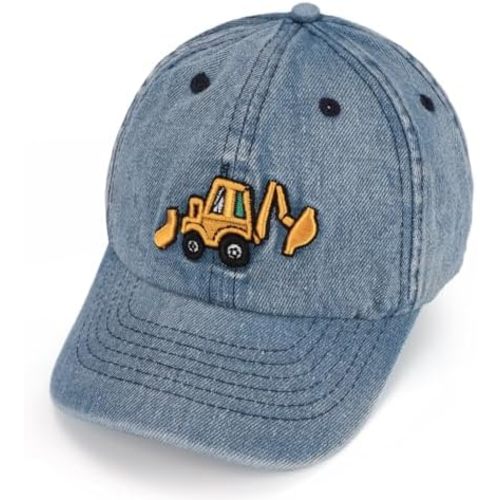 Cute Embroidery Excavator Toddler Kids Baseball Cap Adjustable Cotton Washed Vintage Dad Hat for Boys Girls Age 2-8