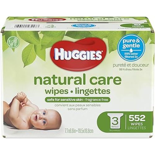 HUGGIES Natural Care Unscented Baby Wipes, Sensitive, 3 Refill Packs, 552 Count Total
