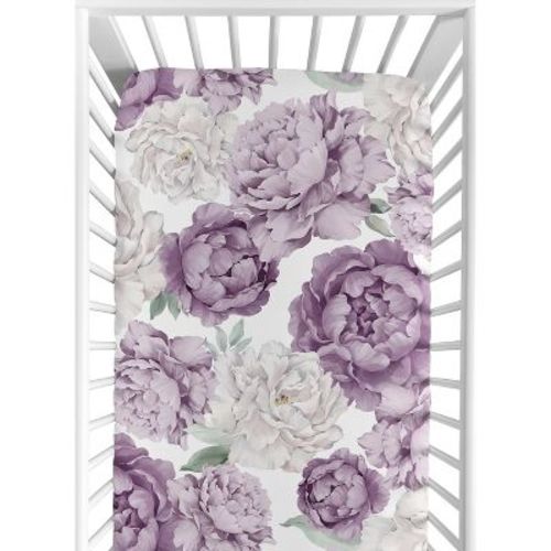 Sweet Jojo Designs Girl Baby Fitted Crib Sheet Peony Floral Garden Purple Ivory