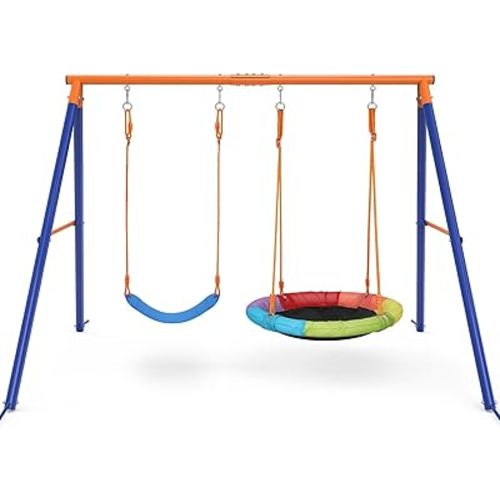 Swing Set for Backyard with Stand - Heavy Duty 440lbs Metal A-Frame Outdoor Playset with 32" Saucer Swing & 26.2" Seats