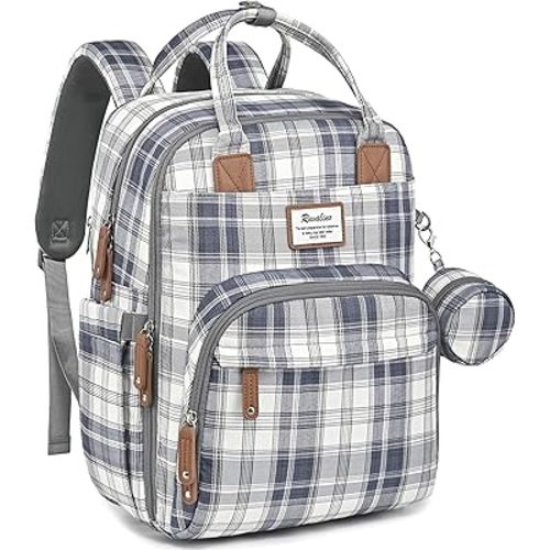 RUVALINO Diaper Bag Backpack, Multifunction Travel Pack Maternity Baby Changing Bags, Large Capacity, Waterproof, Blue Plaid