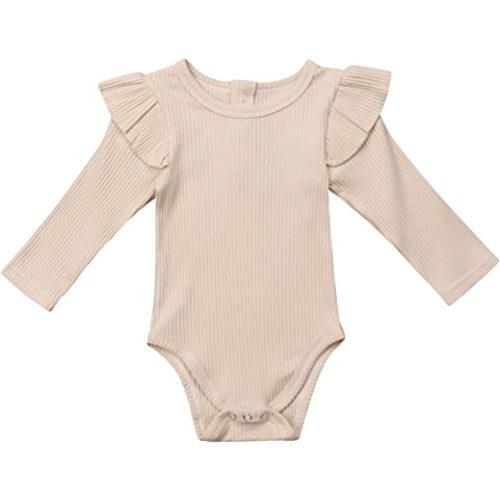 Mubineo Infant Baby Girl Basic Plain Rib Knit Ruffle Long Sleeve Romper Bodysuit Tops