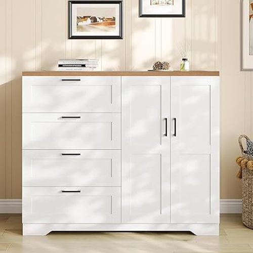 GarveeHome Multifunctional Wooden Dresser for Bedroom, 43.3 in H 2 Door Wardrobe Armoire Closet with 4 Drawers and Hanging Rod, Low Storage Cabinet for Hanging Cloth, White
