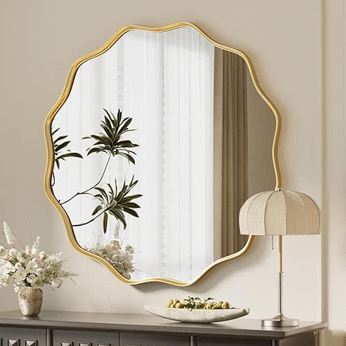 Gold Scalloped Circle Mirror, 30" Wavy Edge Round Wall Mirror with Tempered Glass Textured Circular Metal Deep Frame, Hanging Leaning for Bathroom, Hallway, Entryway, Livng Room