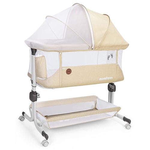 MOMFANN Baby Bassinet Bedside Sleeper, Upgraded Stability Bedside Crib with Full Mesh Sides, Soft Sheet, 6-Height Adjustment, Storage Basket, Easy Folding Portable Bassinet for Newborns, Oatmeal