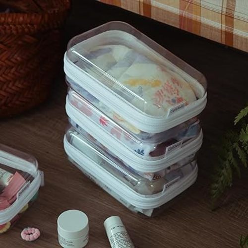 Zippered Pouch Hard, Clear Zippered Hard Pouch, Stackable Storage Bins, Portable Clear Bin Zipper (White, Medium)