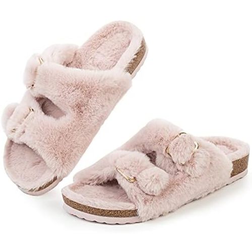 FITORY Womens Open Toe Slipper with Cozy Lining,Faux Rabbit Fur Cork Slide Sandals Size 6-11
