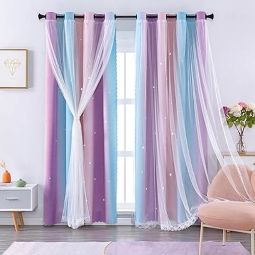 XiDi Blackout Curtains 90 Inches Long for Girls Bedroom, Room Darkening Grommet Window Ombre Curtains 2 Panel Sets, Kids Unicorn Princess Theme Decor Colorful Rainbow Design Pink/Purple/Blue 34x90