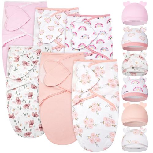 Ramede 6 Pack Baby Swaddle Blanket with Hats Sleep Swaddle for 0-3 Months Newborn Sacks Soft Cotton Wearable for Boy Girl