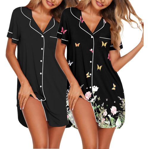 Ekouaer Nightgowns for Women 2 Pack Button Down Sleepwear Short Sleeve Sleepshirts Soft Nightshirts Boyfriend Pajama Dress
