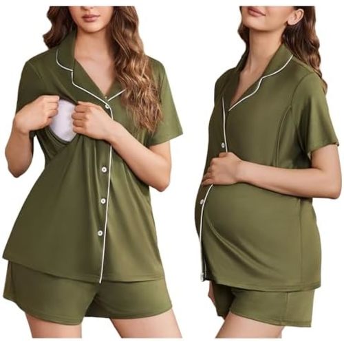 Ekouaer Women's Maternity Nursing Pajama Sets Button Down Postpartum Pajamas Short Sleeve Breastfeeding Clothes