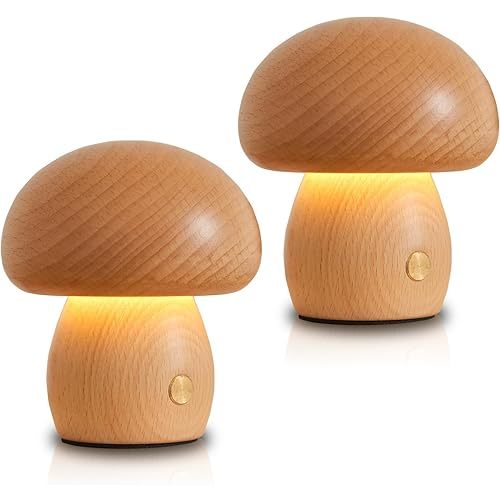 2 Pack Wooden Mushroom Lamps, Portable Cordless Small Lamps, Rechargeable Battery Operated, Stepless Dimming Night Lights for Birthday Gifts
