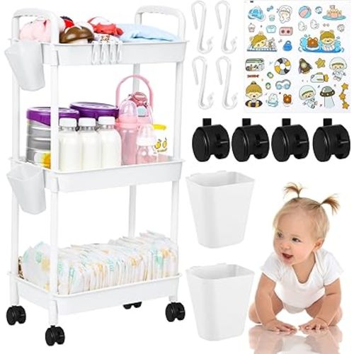 Ripeng 3 Tier Diaper Caddy Movable Baby Diaper Cart Diaper Storage Cart Newborn Essentials Cart Caddy Organizer Mobile Diaper Shelving Unit Cart for Baby Nursery Cart Changing Table(White)