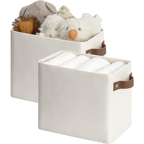StorageWorks Narrow Storage Bins, Small Basket for Closet and Shelves, Rectangular Fabric Organizer with Handles, Toilet Paper Storage, Beige, 2-Pack