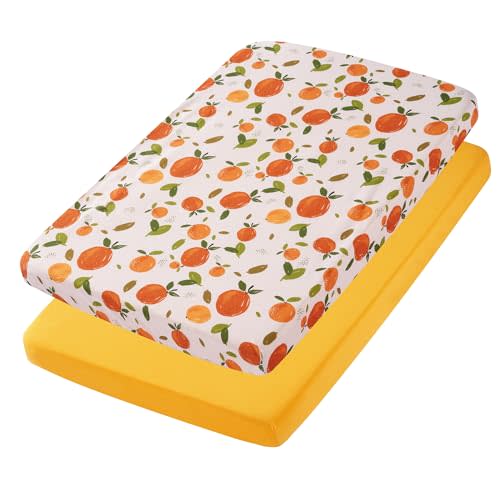 TILLYOU Mini Crib Sheets Fitted 2 Pack, Pack and Play Sheets for Toddler Mattress, Soft and Breathable 38”x 24” Pack n Play Mattresses Cover, Orange Flavour & Orange