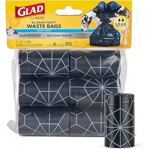 Glad for Pets Extra Large, Heavy Duty Scented Dog Waste Bags Refill Rolls, Fresh Scent | Tear Resistant Doggie Poop Bags for Dogs, 6 rolls, Total 90 Count