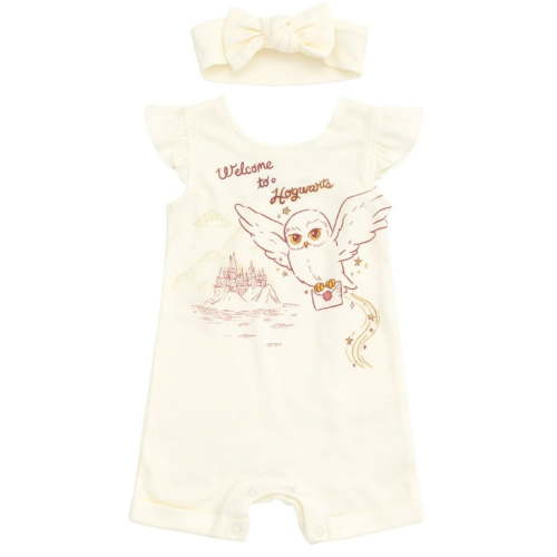 Harry Potter Hedwig Owl Infant Baby Girls French Terry Romper and Headband White 18 Months