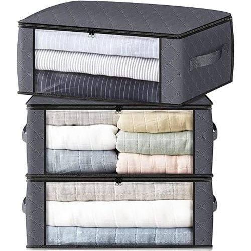 HomeHacks Storage 3-Pack Clothes Organizer Storage Bags Foldable Storage Box with Large Clear Window Sturdy Handles for Closet, Dorm, Pillows, Bedding, Clothes, Blankets, 35L, Gray