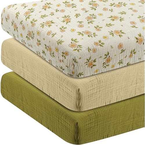 Muslin Crib Sheets Set of 3, 100% Cotton Crib Sheets for Baby Boys Girls, Safe & Anti-Slip, Soft Breathable Neutral for Standard Crib Mattress & Toddler Mattress, 52"x28"