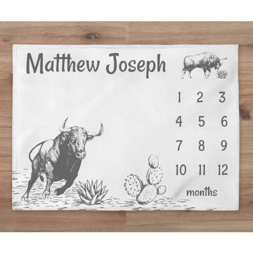 Bull Milestone Blanket, Custom Western Name Blanket, Personalized Rodeo Baby Boy Month Blanket, Newborn Gift, Cowboy Baby Shower Gift