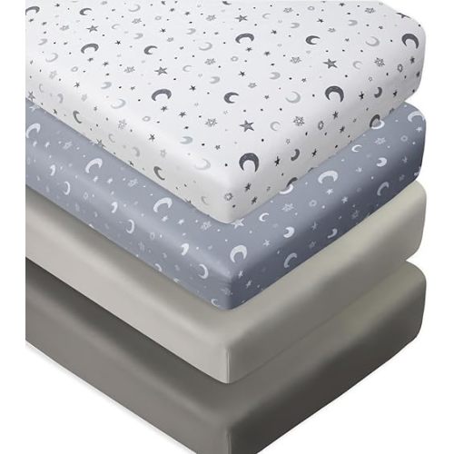 4 Pack Crib Sheets Star and Moon Neutral Unisex Baby Mattress Cover Fitted Crib Sheets Set for Baby Boys or Girls Moon