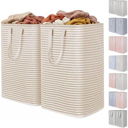 Lifewit 2 Pack Laundry Basket 80L Each, Collapsible Clothes Hamper with Reinforced Handles, Freestanding Waterproof Design for Bedroom and Laundry Room, Beige 160L Total