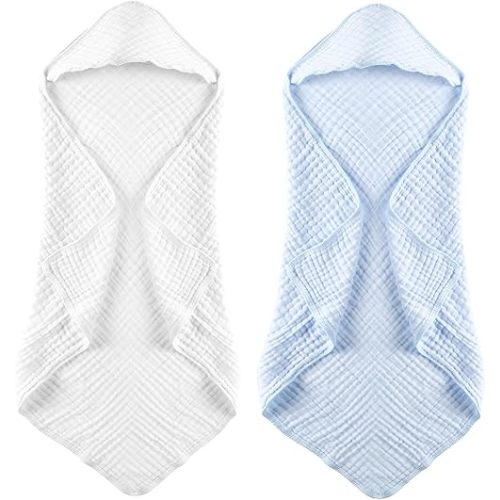 MUKIN Baby Hooded Towels, Muslin Cotton, 2-Pack, for Newborn, Infant, Toddler and Kids (White,Blue)