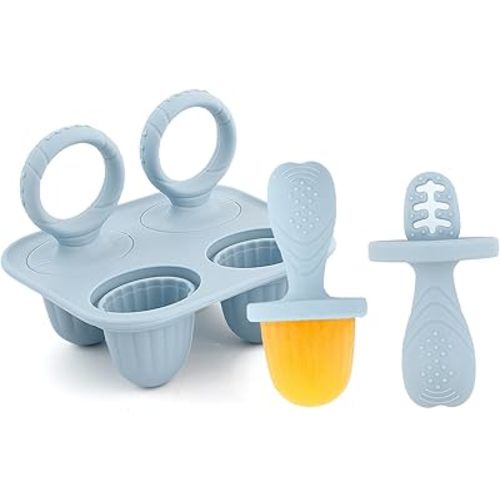 Silicone Popsicle Molds, Mini Breastmilk Popsicle Molds with Sticks for Baby Teething Relief, Frozen Breast Milk Teether Popsicle Maker Ice Pop Molds for Infant Feeding Spoon (1Set-Blue)