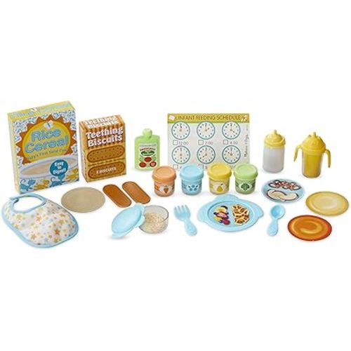 Melissa & Doug Mine to Love Mealtime Play Set for Dolls with Bottle, Pretend Baby Food Jars, Snack Pouch, More (24 pcs)