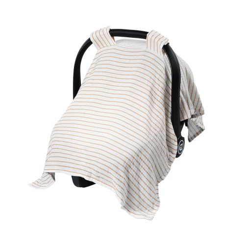 Meracorallo Muslin Baby Car Seat Cover, 100% Organic Cotton Infant Carrier Cover, Lightweight Breathable Soft Carseat Canopy for Baby Boys and Girls (Neutral Stripe)